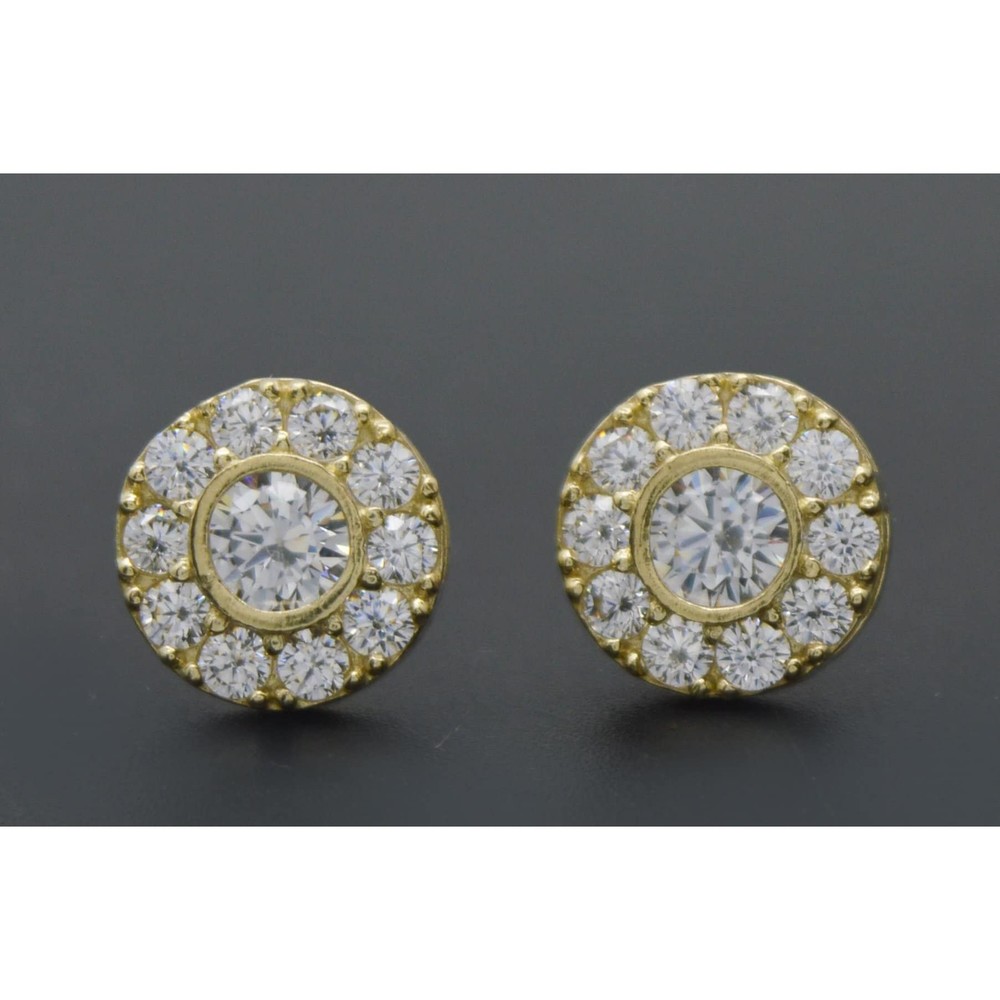 Real 10K Solid Yellow Gold 10mm Mens CZ Button Round Cut Stud Earrings 2.2gr